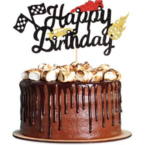 Race Car Cake Topper Race Car Theme Happy Birthday Cake Topper Checkered Flag Cake Decoration Supplies for Man Kids Boy Sports Event Theme Happy Birthday Décor