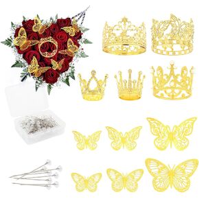 Gold Crown Cake Topper, 136PCS Crowns for Flower Bouquets Set Including 5 Mini Tiaras 24PCS Butterfly 100PCS Flower Pins Flower Arrangement Cake Topper for Birthday Wedding Party Baby Shower