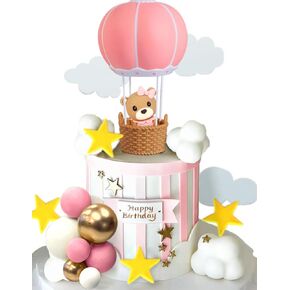JeVenis Pink Bear Cake Decoration Baby Bear Baby Shower Cake Topper Hot Air Balloons Cake Decoration Baby Shower Birthday Cake Decoration