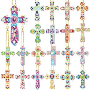 Fairysandy 20 Pcs Easter Diamond Painting Keychains Cross Diamond Art Keychains Kits for Adults Religious Crosses Ornaments 5D Key Chain Christian Rhinestones Bookmarks Key Rings for DIY Crafts Gifts