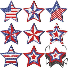 Shellwei 8 PCS 4th of July Pintriotic Diamond Art Coasters Memorial Day Star Diamond Painting Coaster مع حاملات Red White Independence Day Rhinestons Gem Kit للبالغين الأطفال الحرفيين