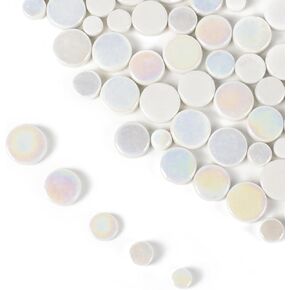 1.1lb Random Round Iridescent Glass Mosaic Tiles, Mosaic Tiles for DIY Crafts Flowerpots Vase Garden Decor Making Supplies (White)