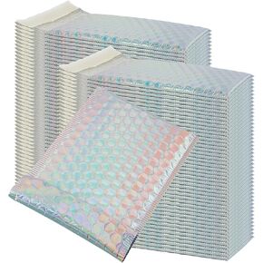 HOIGON 50 PCS 7 x 9 Inch Silver Metallic Bubble Mailers, 18 x 23 cm Foil Glitter Poly Padded Mailing Cushion Envelopes, Rectangular Holographic Self Seal Adhesive Shipping Bags for Mailing, Packing