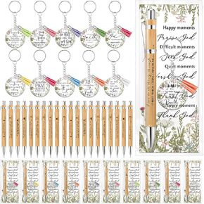 Spakon 30 Sets Christian Gifts Bulk for Women Bible Verse Bamboo Pen Floral Keychain Inspirational Bookmark Religious Mothers Day Party Gift Spread God's Word for Sunday School Church Visitor