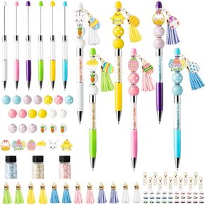 CNhoqc Easter Ballpoint Pens Bulk - 91pcs(Set of 6pcs)Bunny Peeps Beadable Ballpoint Pen Set Plastic Beadable Pen Bunny Peep Wood Bead & Chick & Egg Pendant Crystal Quicksand Resealable Foil Pouch Bag