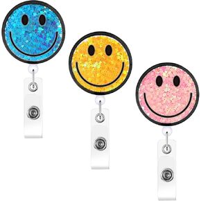 6 Pcs Badge Reel Retractable Smile Face Glitter Badge Holder Name Tag Holders ID Clip with Alligator Clip for Office Nurses Doctors