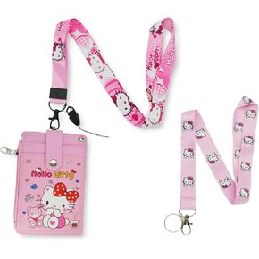Kitty Cute Badge Card Holder with Lanyard, Cat ID Credit Card Holder Purse Pouch with Lanyard Card Case Neck Pouch Wallet, Durable Card Holder with Snaps for Students Teens