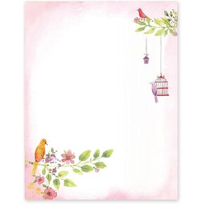 Floral Letter Notes - 8.5 x 11 Inches Stationery Writing Paper - Perfect Invitations for Bridal Shower, Birthday, Wedding, Engagement Party, DIY and All Occasion - 100 Bulk Set - Adorable Birds Design