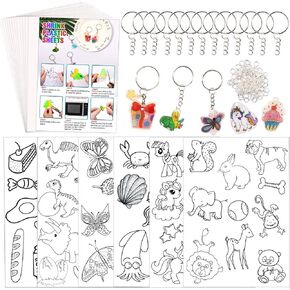 Natonhi Heat Shrink Plastic Sheets Kit 145Pcs Shrink Art Kit Including 20pcs Shrinky Paper Sheets 6pcs Traceable Picture Keychains Accessories- Perfect for Shrink Dink Sheets Crafts Making
