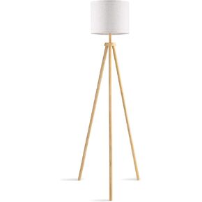 Wood Tripod Floor Lamp with Linen Shade - 59 Inches Tall, Solid Rubberwood Pole, Warm LED Bulb Included, Foot Switch for Easy Control - Perfect for Living Room, Bedroom & More