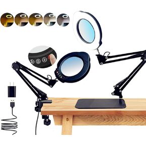 10X Magnifying Glass with Light and Stand, 5 Color Modes Stepless Dimmable LED Desk Lamp with Clamp, Real Glass Lens Magnifying Lamp, Hands Free for Crafts Hobby Painting Sewing Close Work