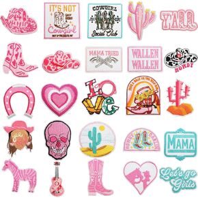50pcs Pink Cowgirl Patches Iron/Sew on, Fashion Y2K Embroidered Applique, DIY Iron Patches for Clothes, Hat, Backpack, Jeans, Dress