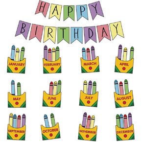 Back to School Classroom Happy Birthday Bulletin Boards Set with Glue Points Colorful Crayon Cut-Outs Calender Chart Poster for Party Supplies Classroom Bedroom Wall Decorations, 55Pcs