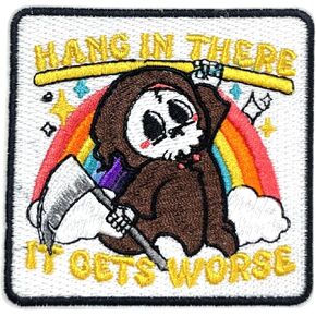 Funny Hang in There It Gets Worse Patch 3 Inches Death Skeleton Mental Health Sarcastic Dark Humor Iron On/Sew On Embroidery Fabric Applique Patches for Trucker Hats Clothes Backpack DIY Accessories