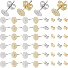 1 Box 200Pcs Flat Pad Earring Post Stainless Steel Stud Earring Findings Hypoallergenic Round Blanks Earring Studs with Butterfly Ear Back Gold Earring Posts for Jewelry Making Supplies Craft
