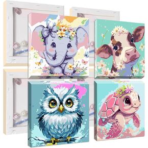 Umoart Framed Paint by Numbers - 4Packs Animals Paint by Bealth Pholes ، Paint Cow By Number on Canvas ، Diy Cartoon Paint acty acrylic kits for Home Decor 8x8in