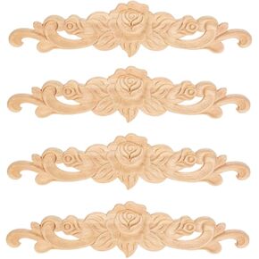 MUXSAM 4Pcs Rose Wood Carved Onlays Decorative Appliques, Unpainted Long Center Carving Decal for Door Wall Ceiling Cabinet Dresser Mirror Bed Mantel Bench Fireplace Decor, 20x5cm/7.87"x1.97"