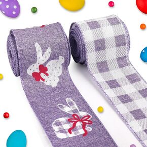 2 Rolls Easter Fabric Ribbons Easter White Pink Plaid Bunny Flower Burlap Linen Ribbons Easter Edge Wired Decor Ribbons for Easter Party Spring Holiday Craft Gift Wrapping Decoration Supplies 5 Yards