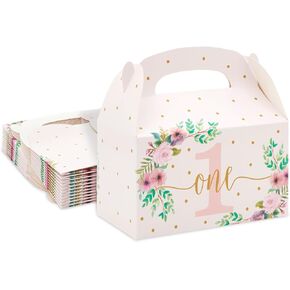 BLUE PANDA 24 Pack Pink Floral Present Boxes for 1st Birthday Party Favors - Goodie Gable Box (6.2 x 3.6 x 3.3 in) - First Birthday Candy Boxes for Girls - Gable Boxes for One Year Old