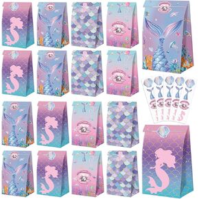 XJLANTTE 20 Pcs Mermaid Goodie Bags - Mermaid Party Favor Bags with Tail Stickers, Under The Sea Paper Gift Bags, Scale Party Bags for Kids Girls Under The Sea Themed Little Mermaid Party Decorations