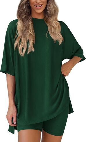PRETTYGARDEN Women's Two Piece Lounge Set 2025 Summer Casual Oversized Shirts Biker Shorts Matching Airport Travel Outfit in Saudi Arabia
