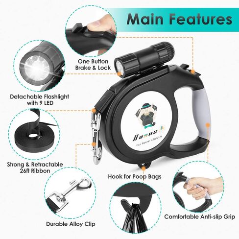 Nasus Retractable Dog Leash, 26ft Pet Walking Leash with 9 LED Detachable Flashlight for Medium Large Dog up to 100lbs, with Hand Grip One Button Brake & Lock and Hook (Black-N) in Saudi Arabia