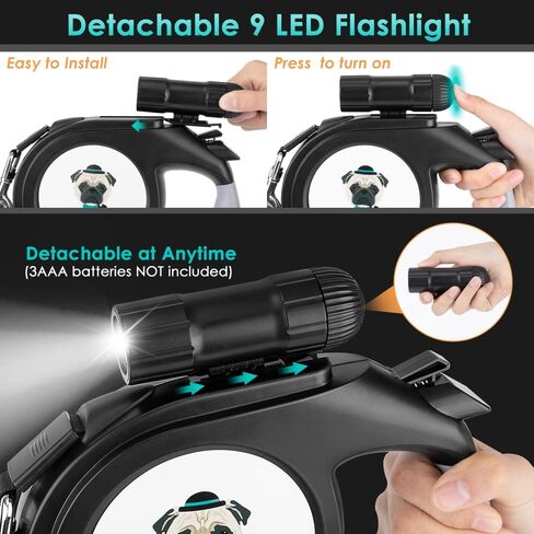 Nasus Retractable Dog Leash, 26ft Pet Walking Leash with 9 LED Detachable Flashlight for Medium Large Dog up to 100lbs, with Hand Grip One Button Brake & Lock and Hook (Black-N) in Saudi Arabia