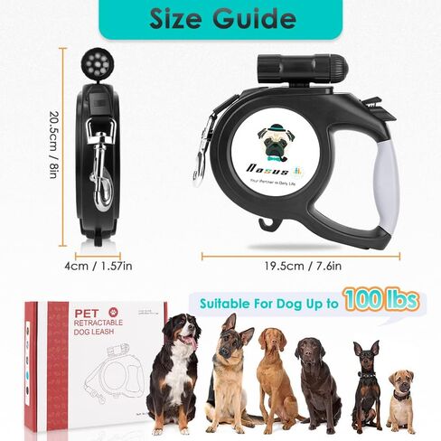 Nasus Retractable Dog Leash, 26ft Pet Walking Leash with 9 LED Detachable Flashlight for Medium Large Dog up to 100lbs, with Hand Grip One Button Brake & Lock and Hook (Black-N) in Saudi Arabia