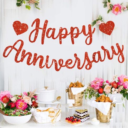 BEISHIDA Red Happy Anniversary Banner, Pre-Strung - Red Glitter Happy Anniversary Banner，NO DIY - Red Glitter Happy Anniversary Garland, Red Happy Anniversary Sign for Anniversary Wedding Party Decorations & Decor in Saudi Arabia