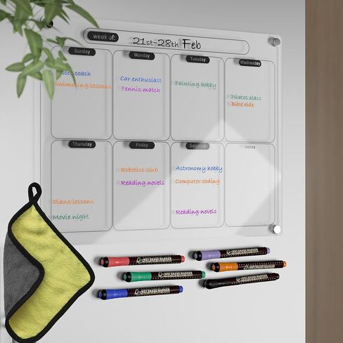 Acrylic Magnetic Dry Erase Calendar for Fridge Clear Blank Whiteboard Planner Erasable Planning Board 16" x 12" w/ 6 Dark Color Wet Erase Marker in Kuwait