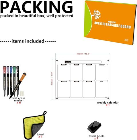 Acrylic Magnetic Dry Erase Calendar for Fridge Clear Blank Whiteboard Planner Erasable Planning Board 16" x 12" w/ 6 Dark Color Wet Erase Marker in Kuwait