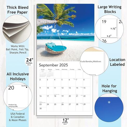 Tropical Paradise 2025 Beaches Hangable Wall Calendar Full Page Months & Travel Vacation Beach Photography Organizing Planning Gift Him Her (2025 Paradise) in Kuwait
