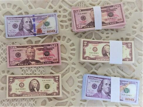 Custom Toys & Hobbies Miniature Play Copy Fake Kids Money Scale 1:12, Size 0.5 x 1.2 Inches Doll House Accessories Diorama Tiny Cash Register Toy 2-Sided Scale Model Money Stack (Regular Bills) in Saudi Arabia