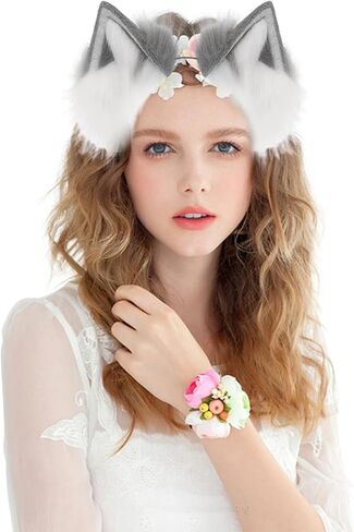 2 Pcs Fox Wolf Cat Ear Headband and Tail Keychain Furry Fancy Party Party Costume Gift Therian Stuff Tail Gear Wolf Ear in Kuwait