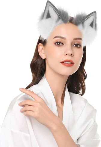 2 Pcs Fox Wolf Cat Ear Headband and Tail Keychain Furry Fancy Party Party Costume Gift Therian Stuff Tail Gear Wolf Ear in Kuwait