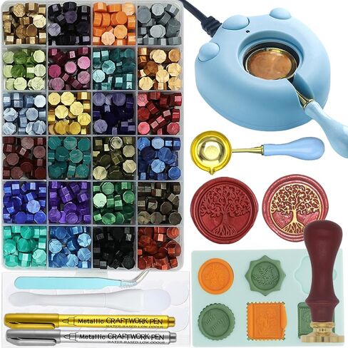 Wax Seal Kit with 24 Colors Wax Seal Beads 600pcs, Andotopee Tree of Life Wax Seal Stamp Kit with Electric Sealing Wax Warmer Set, Silicone Mold, Metallic Pen, 120 Removable Sticky Dots, Spoon Cleaner in Kuwait