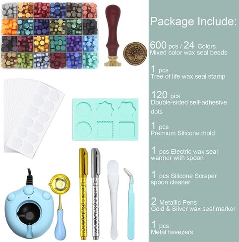 Wax Seal Kit with 24 Colors Wax Seal Beads 600pcs, Andotopee Tree of Life Wax Seal Stamp Kit with Electric Sealing Wax Warmer Set, Silicone Mold, Metallic Pen, 120 Removable Sticky Dots, Spoon Cleaner in Kuwait