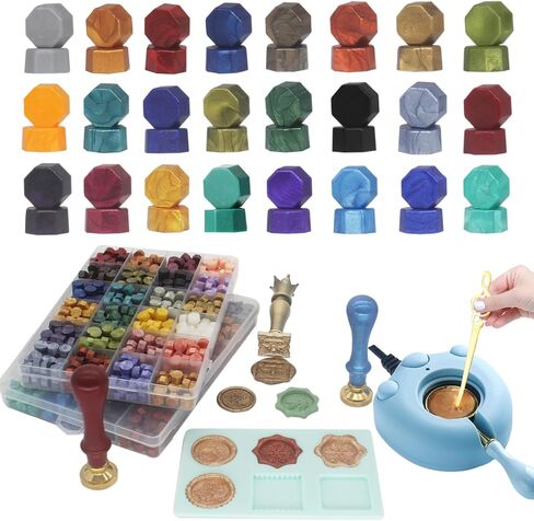 Wax Seal Kit with 24 Colors Wax Seal Beads 600pcs, Andotopee Tree of Life Wax Seal Stamp Kit with Electric Sealing Wax Warmer Set, Silicone Mold, Metallic Pen, 120 Removable Sticky Dots, Spoon Cleaner in Kuwait