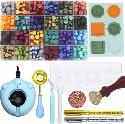 Wax Seal Kit with 24 Colors Wax Seal Beads 600pcs, Andotopee Tree of Life Wax Seal Stamp Kit with Electric Sealing Wax Warmer Set, Silicone Mold, Metallic Pen, 120 Removable Sticky Dots, Spoon Cleaner in Kuwait