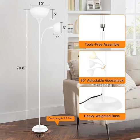 مصباح أرضي LED LED ، 70 "مصباح أرضي طويل القامة ، مصباح قابلة للتعديل ، مصباح قائم بذاته ، مصباح قابلاً للذات مع التحكم عن بُعد ومفتاح القدم ، مصباح زاوية لغرفة غرفة المعيشة ، أبيض in Kuwait