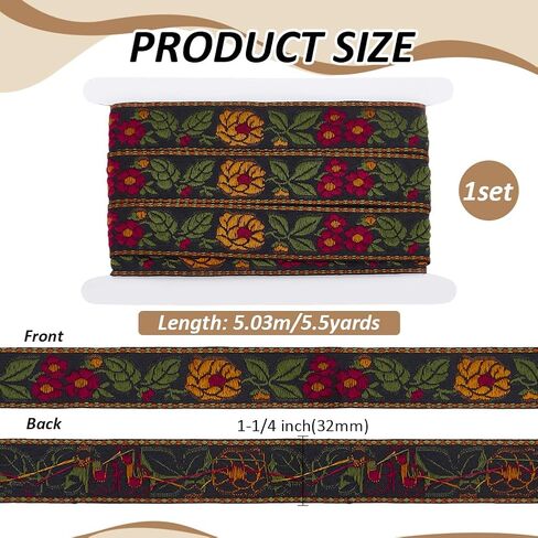 FINGERINSPIRE 5.5 Yards Ethnic Style Embroidery Flower Ribbon 1-1/4 inch Wide Black Flower Jacquard Ribbon Floral Embroidered Jacquard Ribbon Vintage Woven Trim for DIY Crafts Sewing Clothing in Saudi Arabia