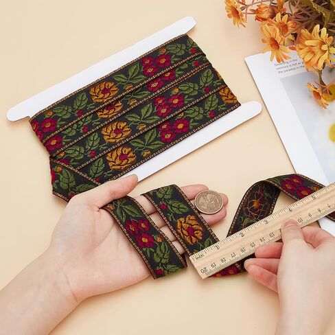 FINGERINSPIRE 5.5 Yards Ethnic Style Embroidery Flower Ribbon 1-1/4 inch Wide Black Flower Jacquard Ribbon Floral Embroidered Jacquard Ribbon Vintage Woven Trim for DIY Crafts Sewing Clothing in Saudi Arabia