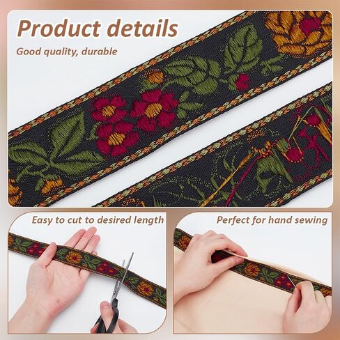 FINGERINSPIRE 5.5 Yards Ethnic Style Embroidery Flower Ribbon 1-1/4 inch Wide Black Flower Jacquard Ribbon Floral Embroidered Jacquard Ribbon Vintage Woven Trim for DIY Crafts Sewing Clothing in Saudi Arabia