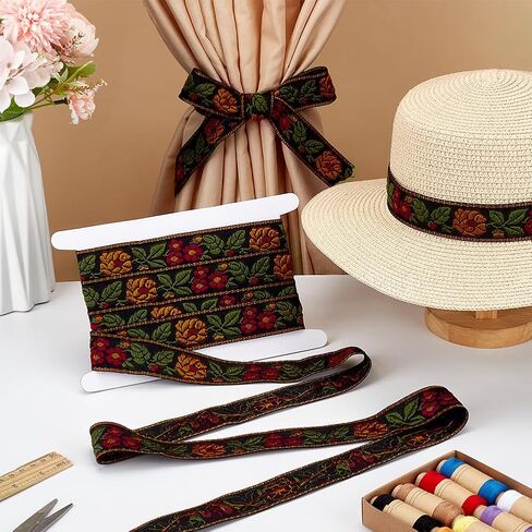 FINGERINSPIRE 5.5 Yards Ethnic Style Embroidery Flower Ribbon 1-1/4 inch Wide Black Flower Jacquard Ribbon Floral Embroidered Jacquard Ribbon Vintage Woven Trim for DIY Crafts Sewing Clothing in Saudi Arabia