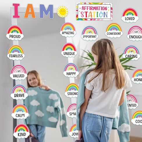 Frienda Rainbow Affirmation Station Bulletin Board Set Motivational Posters Classroom Mirror Growth Mindset Decor Positive Affirmations Accents Cutouts for School Office Home Teacher Wall Supply in Saudi Arabia