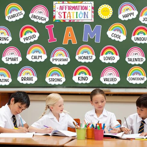 Frienda Rainbow Affirmation Station Bulletin Board Set Motivational Posters Classroom Mirror Growth Mindset Decor Positive Affirmations Accents Cutouts for School Office Home Teacher Wall Supply in Saudi Arabia