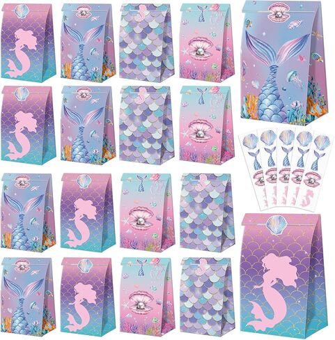XJLANTTE 20 Pcs Mermaid Goodie Bags - Mermaid Party Favor Bags with Tail Stickers, Under The Sea Paper Gift Bags, Scale Party Bags for Kids Girls Under The Sea Themed Little Mermaid Party Decorations in Saudi Arabia