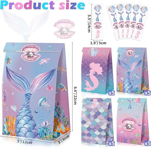 XJLANTTE 20 Pcs Mermaid Goodie Bags - Mermaid Party Favor Bags with Tail Stickers, Under The Sea Paper Gift Bags, Scale Party Bags for Kids Girls Under The Sea Themed Little Mermaid Party Decorations in Saudi Arabia