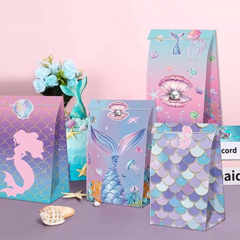 XJLANTTE 20 Pcs Mermaid Goodie Bags - Mermaid Party Favor Bags with Tail Stickers, Under The Sea Paper Gift Bags, Scale Party Bags for Kids Girls Under The Sea Themed Little Mermaid Party Decorations in Saudi Arabia