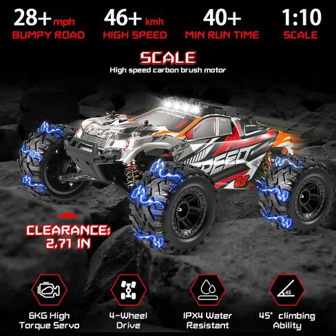 1:10 Large Brush RC Car for Adults, Fast Remote Control Car, 28+ MPH Rc Hobby Truck with Headlights, All Terrain 2.4Ghz Electric Hobby Rc Cars, 4WD Off Road Monster Truck for Adults - Yellow in Saudi Arabia